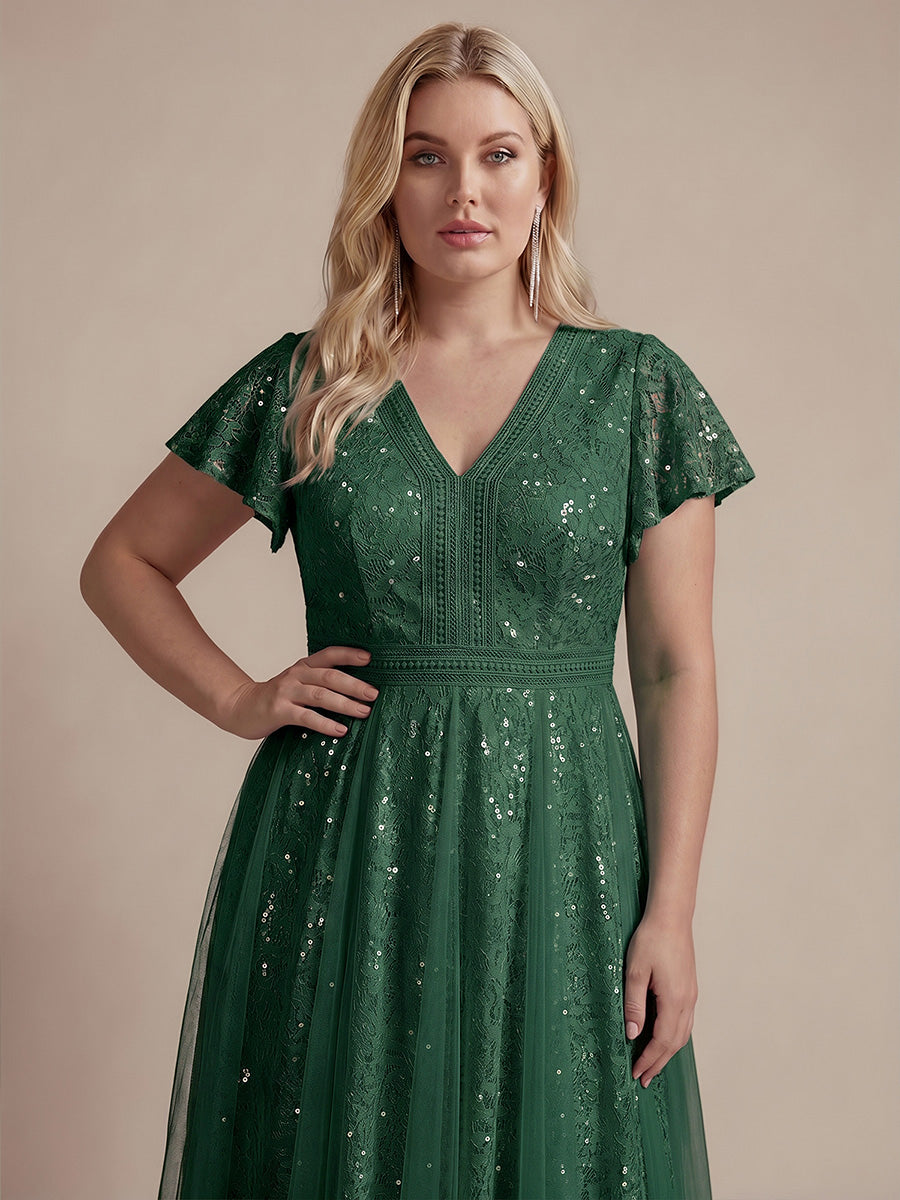 Midi Tee L?nge A Linie Kleid Mit V Ausschnitt Spitze R¨¹schen Und Pailletten #Farbe_Dunkelgrün