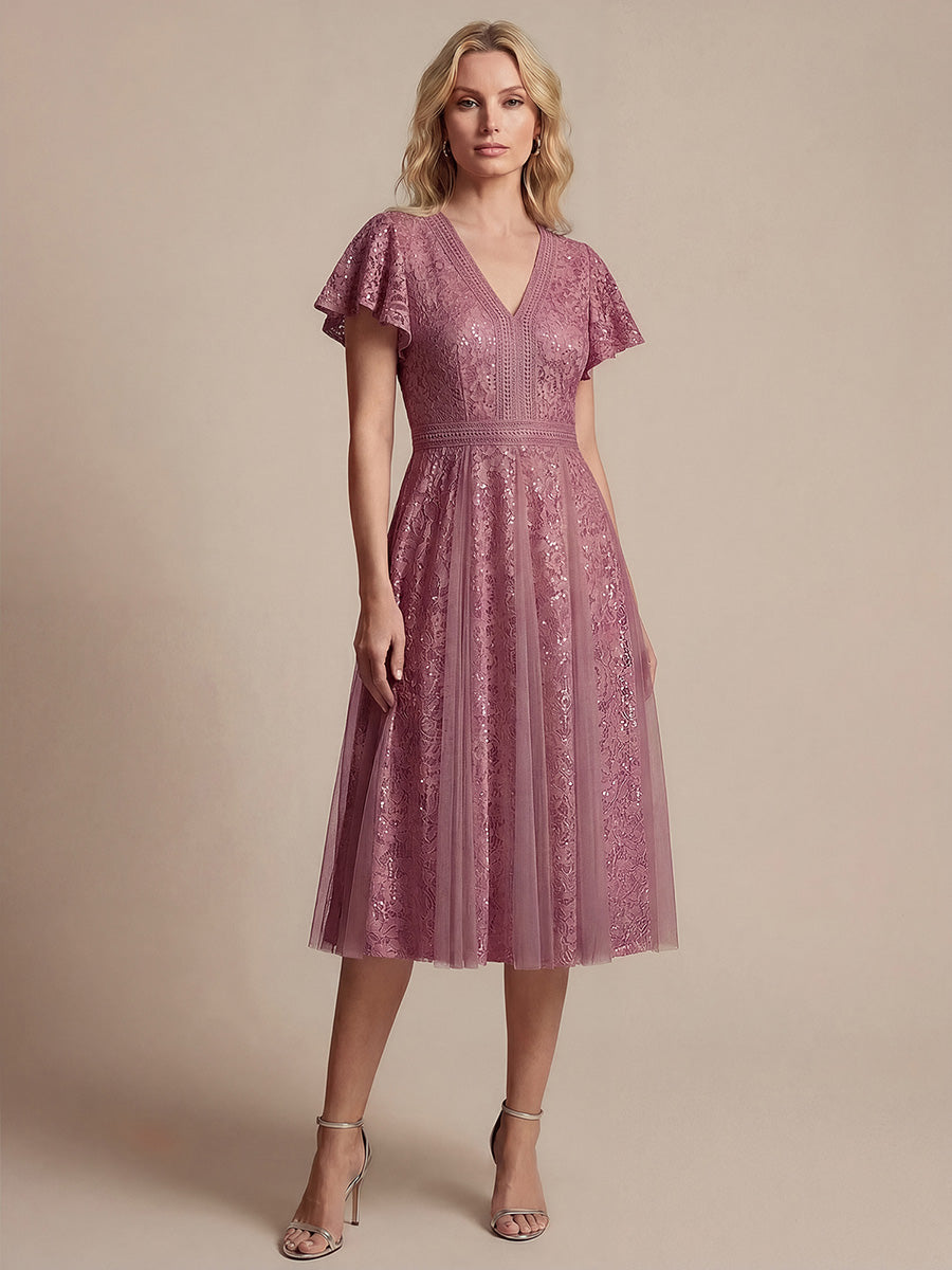 Midi Tee L?nge A Linie Kleid Mit V Ausschnitt Spitze R¨¹schen Und Pailletten #Farbe_Orchideenviolett