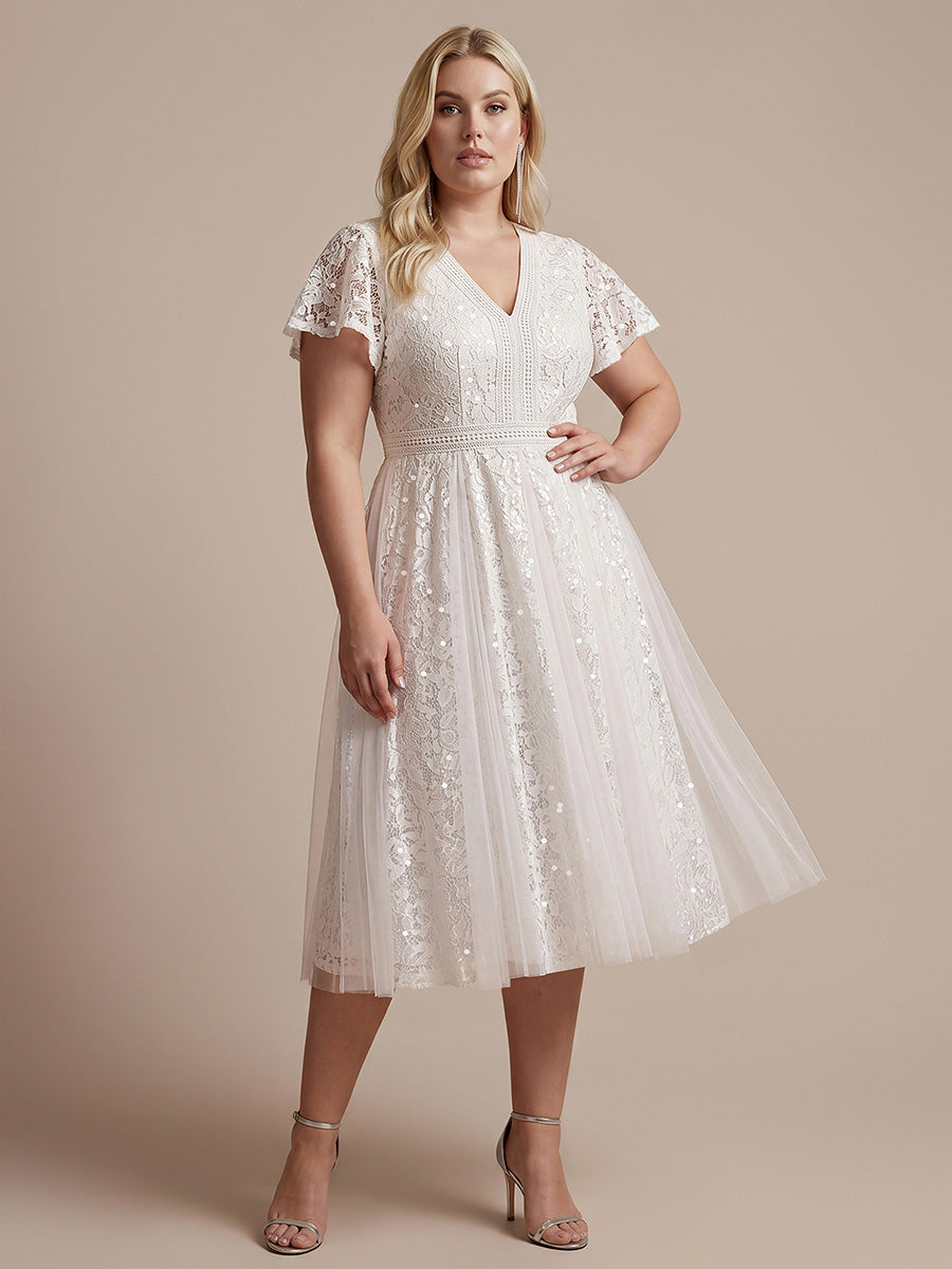 Midi Tee L?nge A Linie Kleid Mit V Ausschnitt Spitze R¨¹schen Und Pailletten #Farbe_Weiß