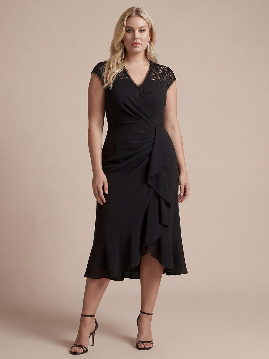 Midi Tea L?nge Meerjungfrau Kleid ¨¹berkreuzter Ausschnitt Spitze Pailletten Volants #Farbe_Schwarz