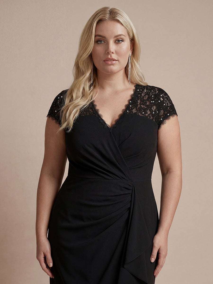 Midi Tea L?nge Meerjungfrau Kleid ¨¹berkreuzter Ausschnitt Spitze Pailletten Volants #Farbe_Schwarz