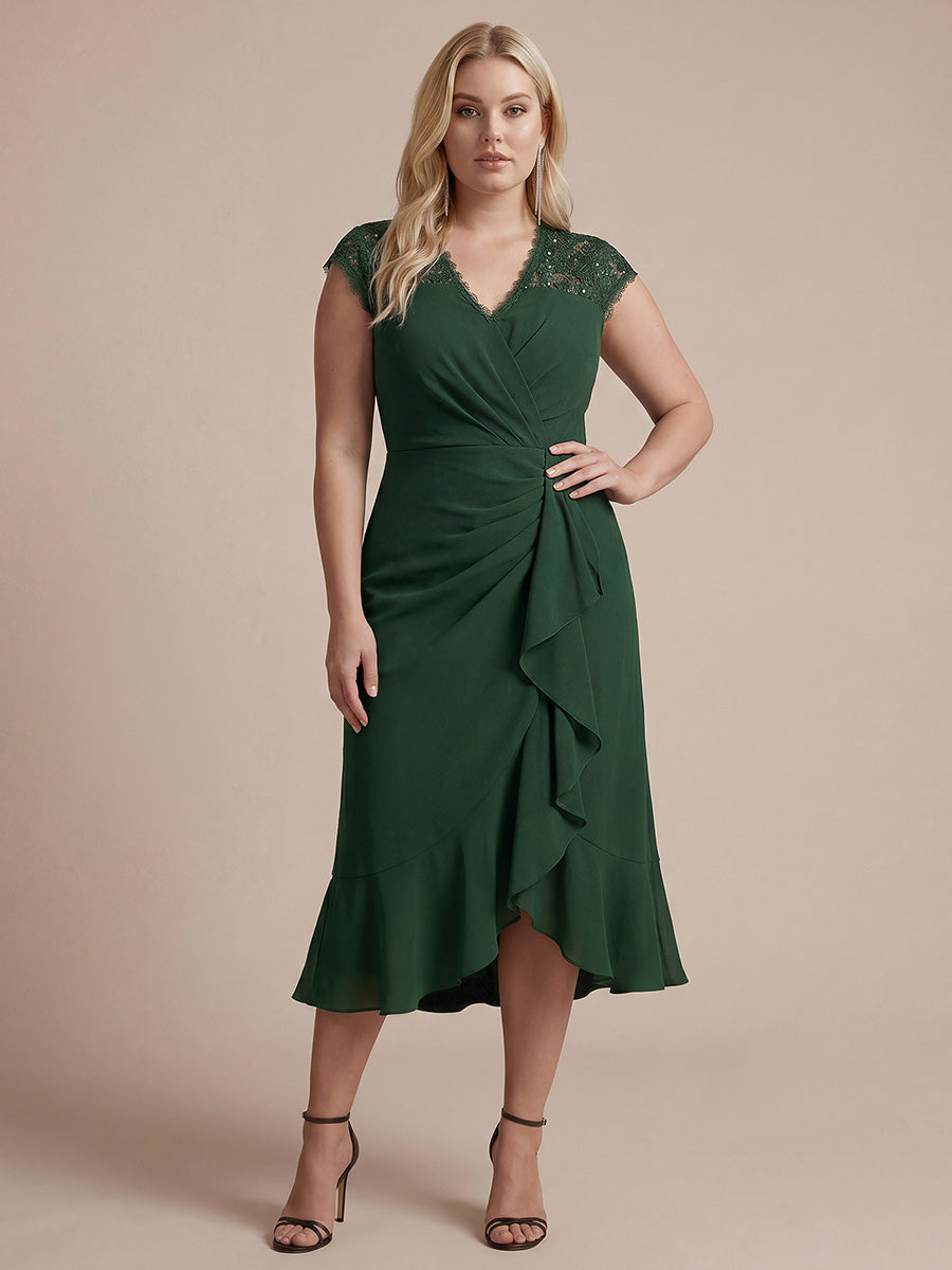 Midi Tea L?nge Meerjungfrau Kleid ¨¹berkreuzter Ausschnitt Spitze Pailletten Volants #Farbe_Dunkelgrün