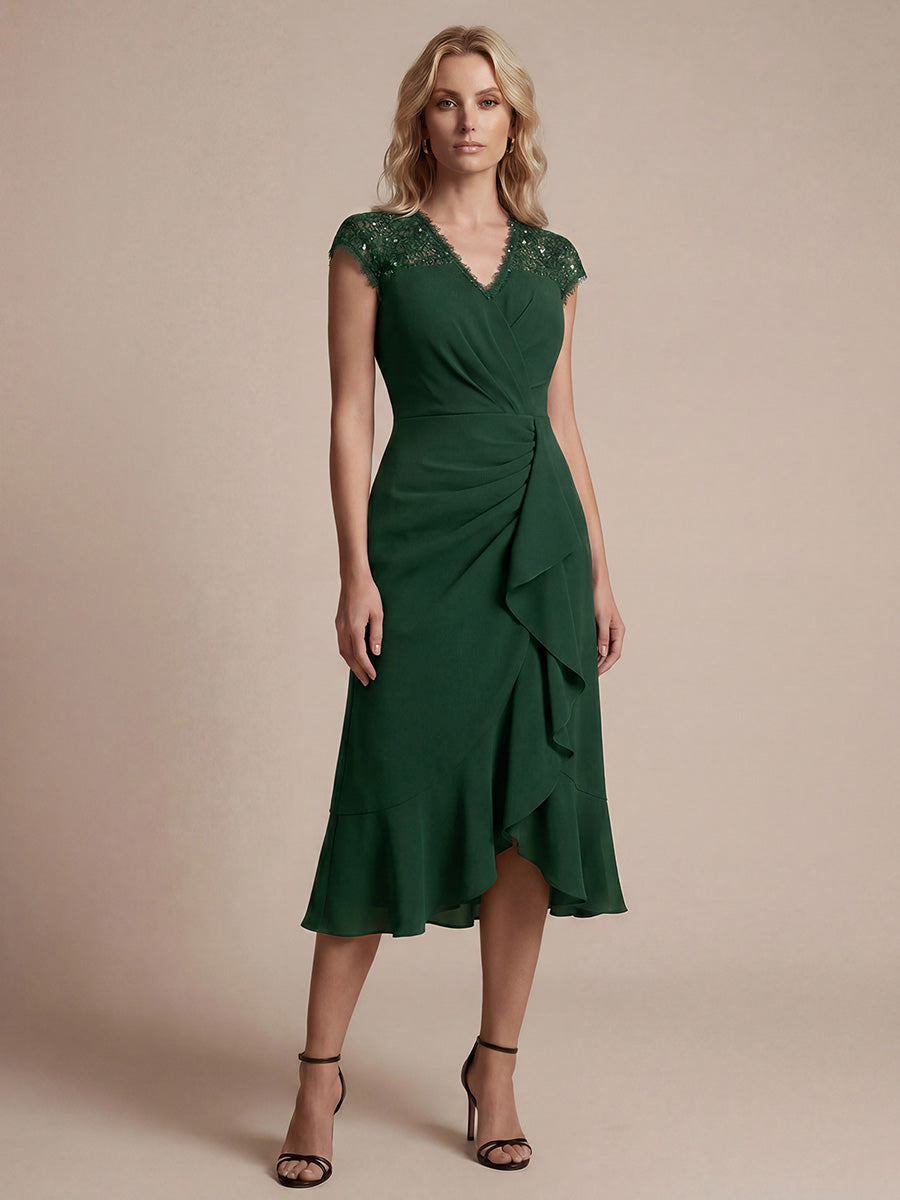 Midi Tea L?nge Meerjungfrau Kleid ¨¹berkreuzter Ausschnitt Spitze Pailletten Volants #Farbe_Dunkelgrün