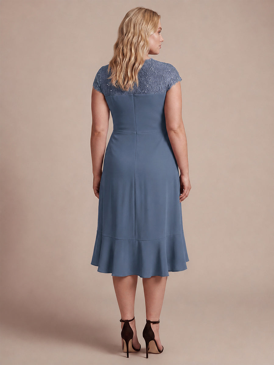 Midi Tea L?nge Meerjungfrau Kleid ¨¹berkreuzter Ausschnitt Spitze Pailletten Volants #Farbe_Taubenblau