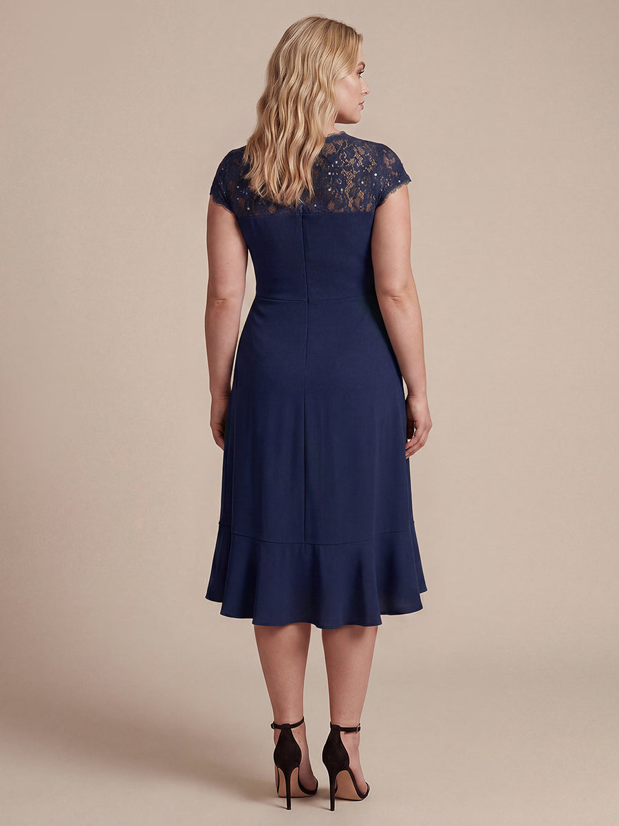 Midi Tea L?nge Meerjungfrau Kleid ¨¹berkreuzter Ausschnitt Spitze Pailletten Volants #Farbe_Marineblau