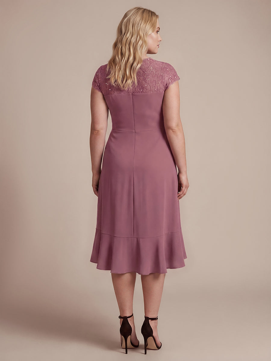 Midi Tea L?nge Meerjungfrau Kleid ¨¹berkreuzter Ausschnitt Spitze Pailletten Volants #Farbe_Orchideenviolett