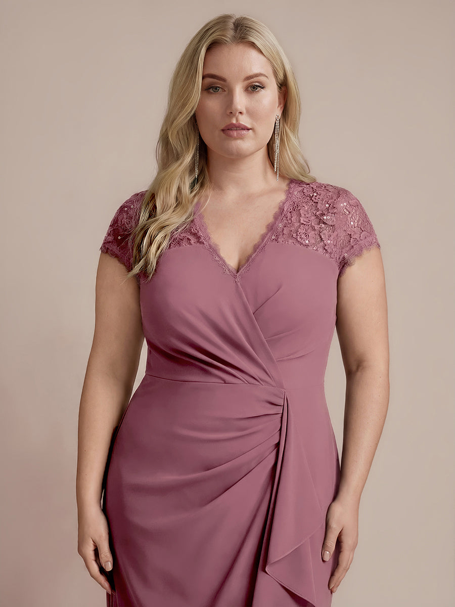 Midi Tea L?nge Meerjungfrau Kleid ¨¹berkreuzter Ausschnitt Spitze Pailletten Volants #Farbe_Orchideenviolett