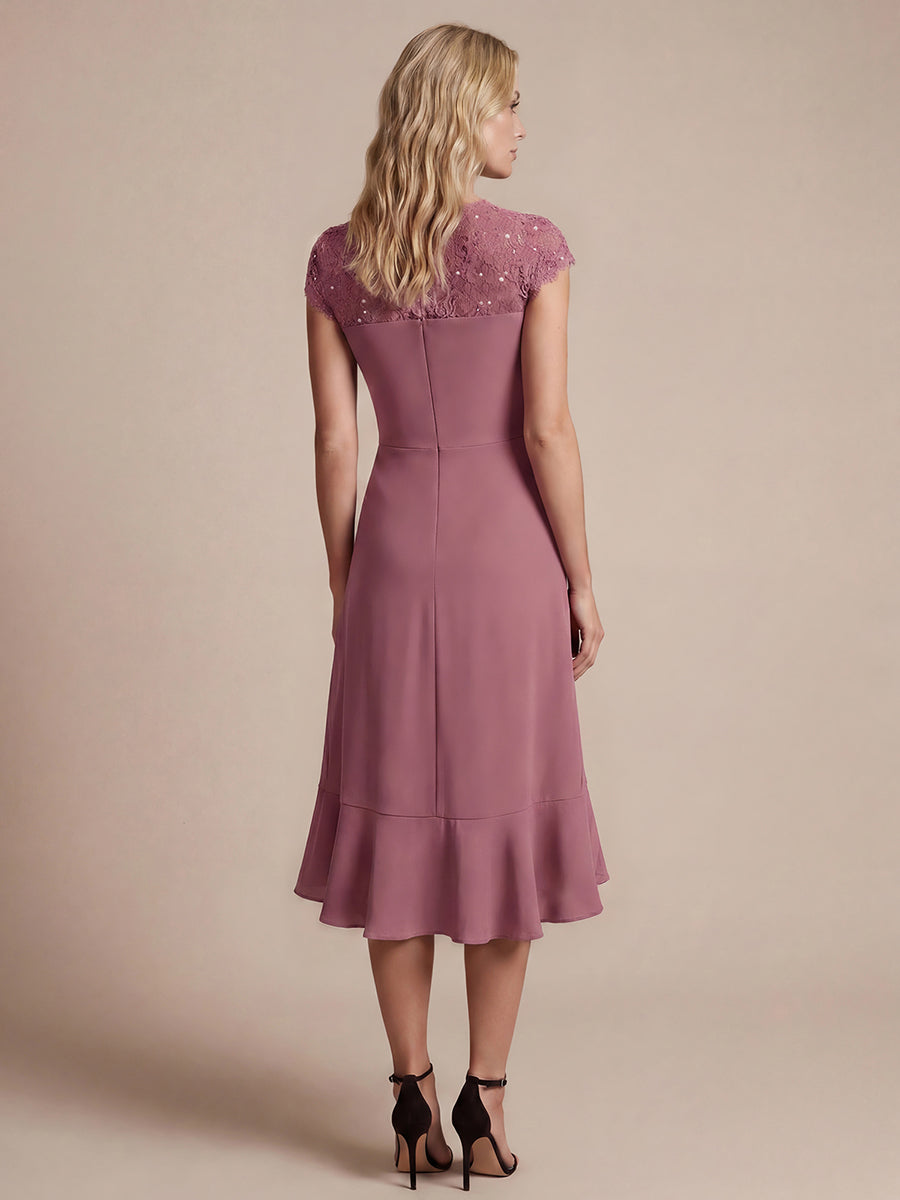 Midi Tea L?nge Meerjungfrau Kleid ¨¹berkreuzter Ausschnitt Spitze Pailletten Volants #Farbe_Orchideenviolett