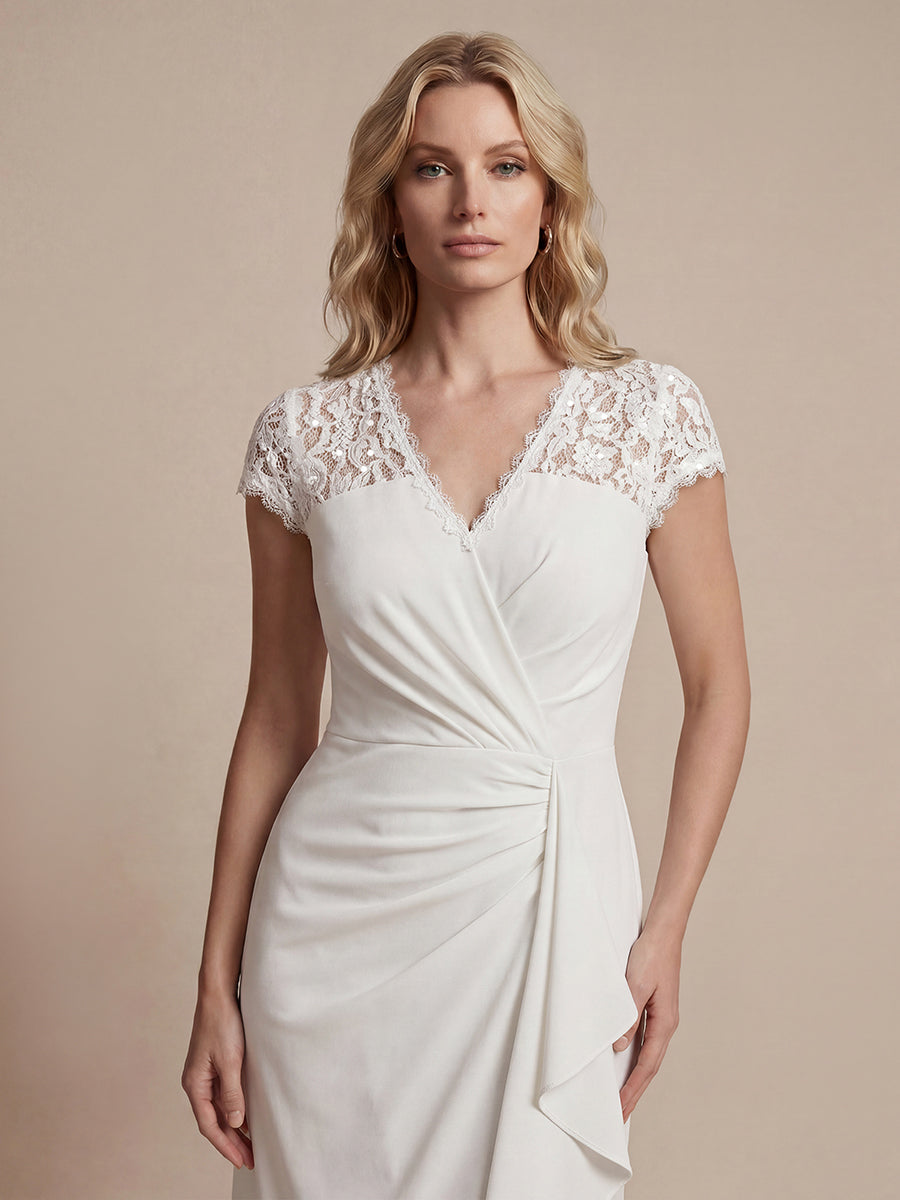 Midi Tea L?nge Meerjungfrau Kleid ¨¹berkreuzter Ausschnitt Spitze Pailletten Volants #Farbe_Weiß