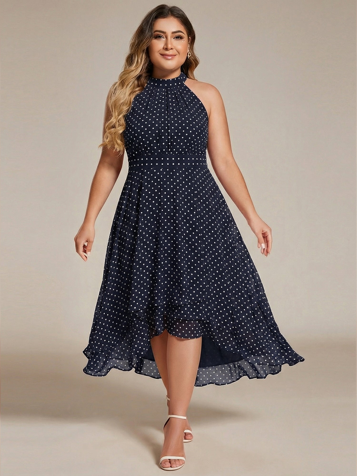 Hochtief Halterneck A-Linie Chiffon Kleid Mit Raffungen #Farbe_Marineblaue Punkte