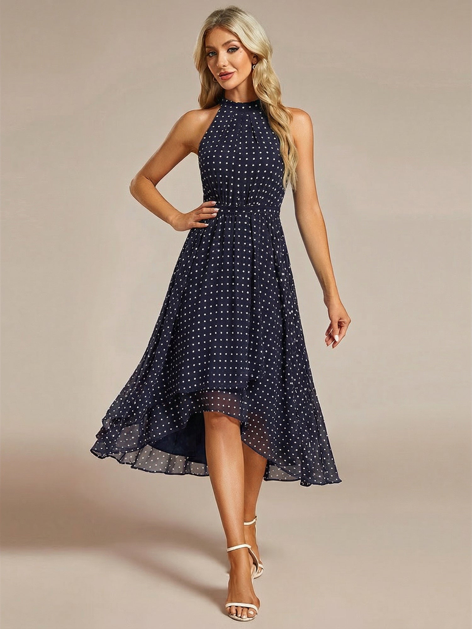 Hochtief Halterneck A-Linie Chiffon Kleid Mit Raffungen #Farbe_Marineblaue Punkte