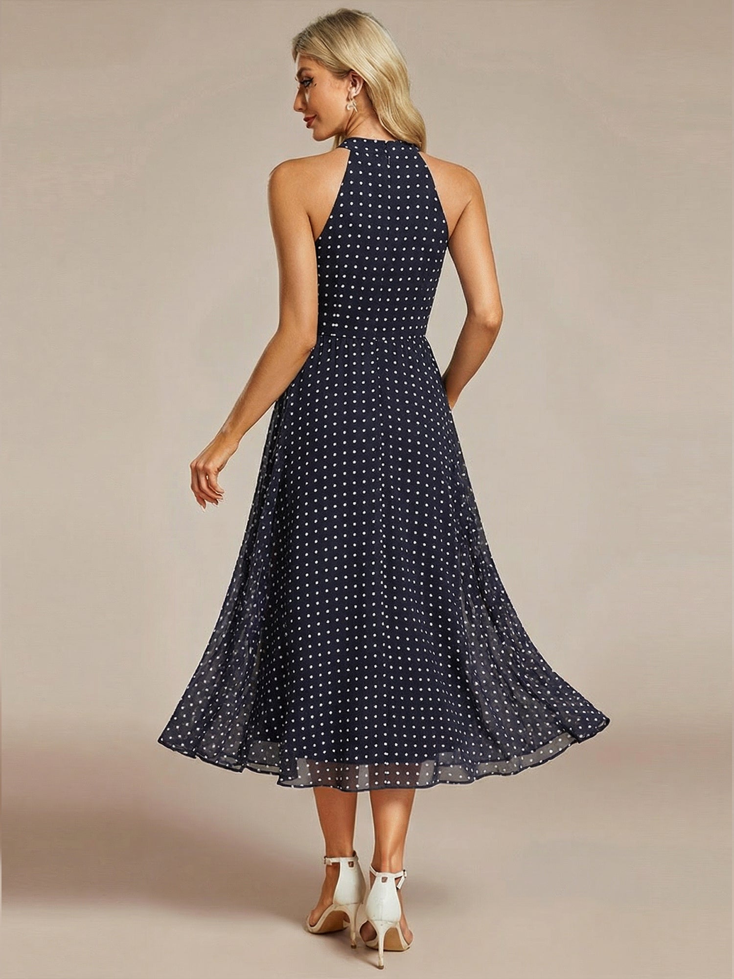 Hochtief Halterneck A-Linie Chiffon Kleid Mit Raffungen #Farbe_Marineblaue Punkte