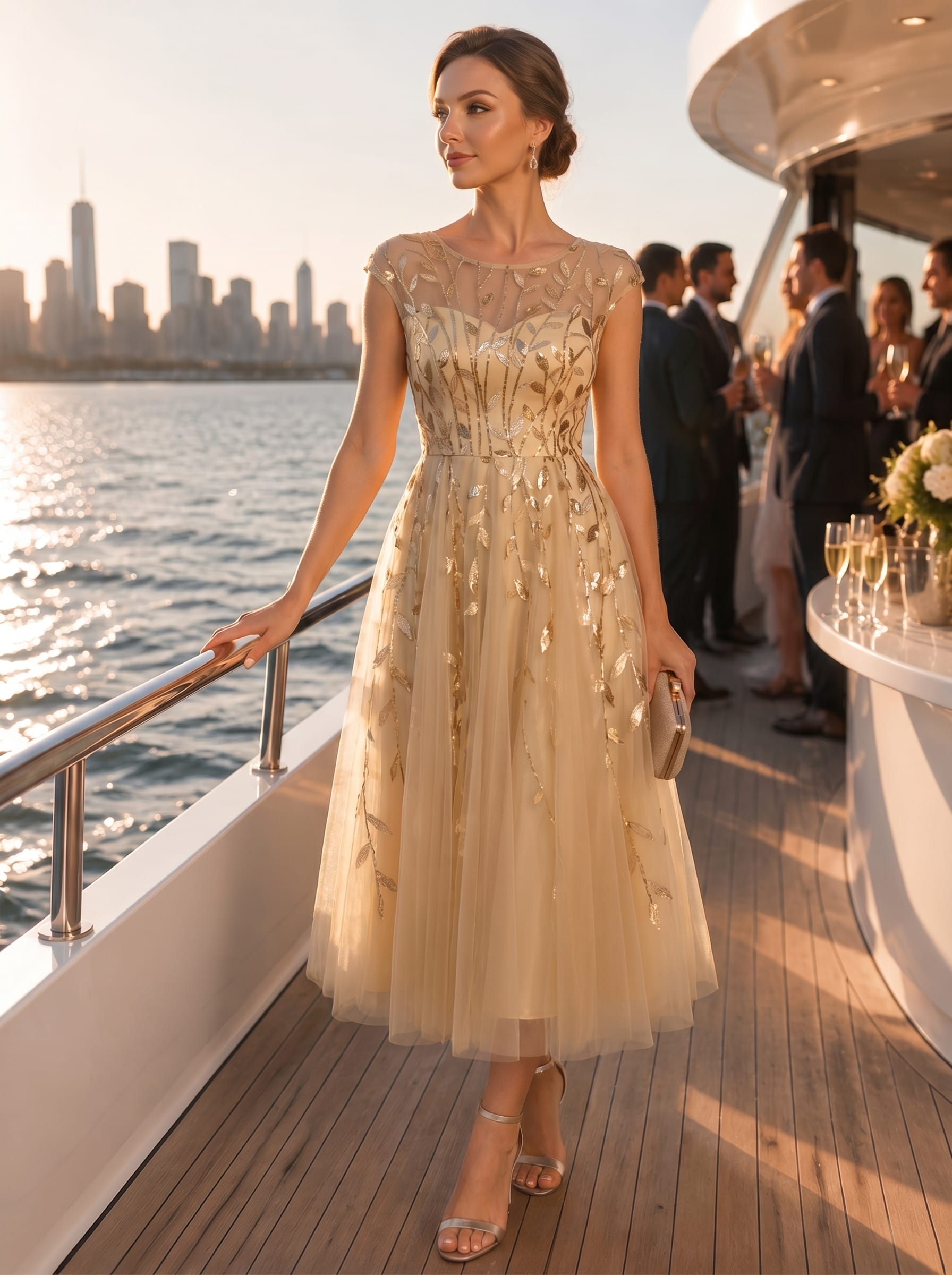 Tea L?nge A Linie Kleid Mit Rundhalsausschnitt Transparente Gestaltung Und Pailletten Kleid #Farbe_Gold