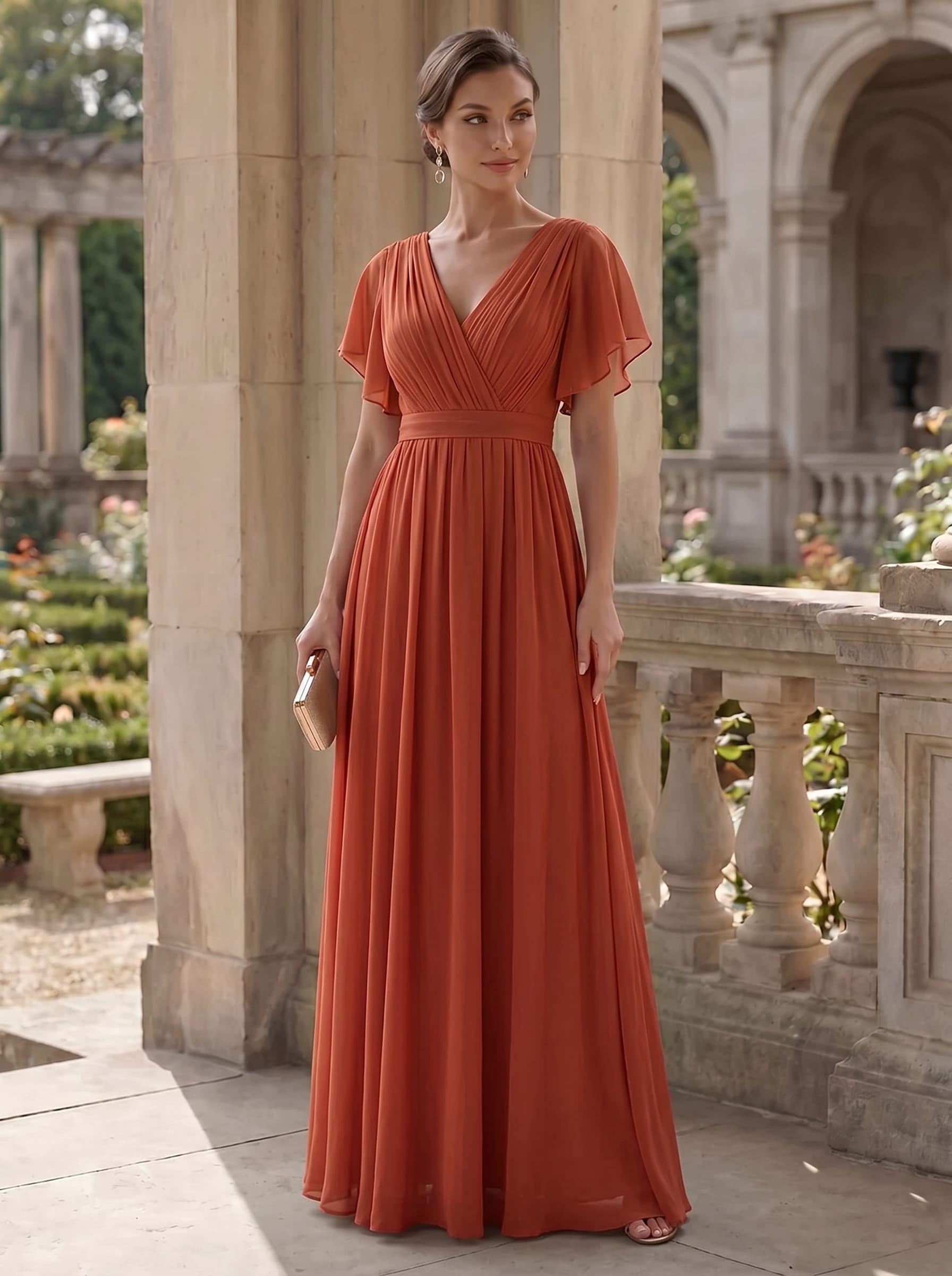V-Ausschnitt kurze Ärmel Bodenlaenge A-Linie Chiffon Abendkleider #Farbe_Gebranntes Orange