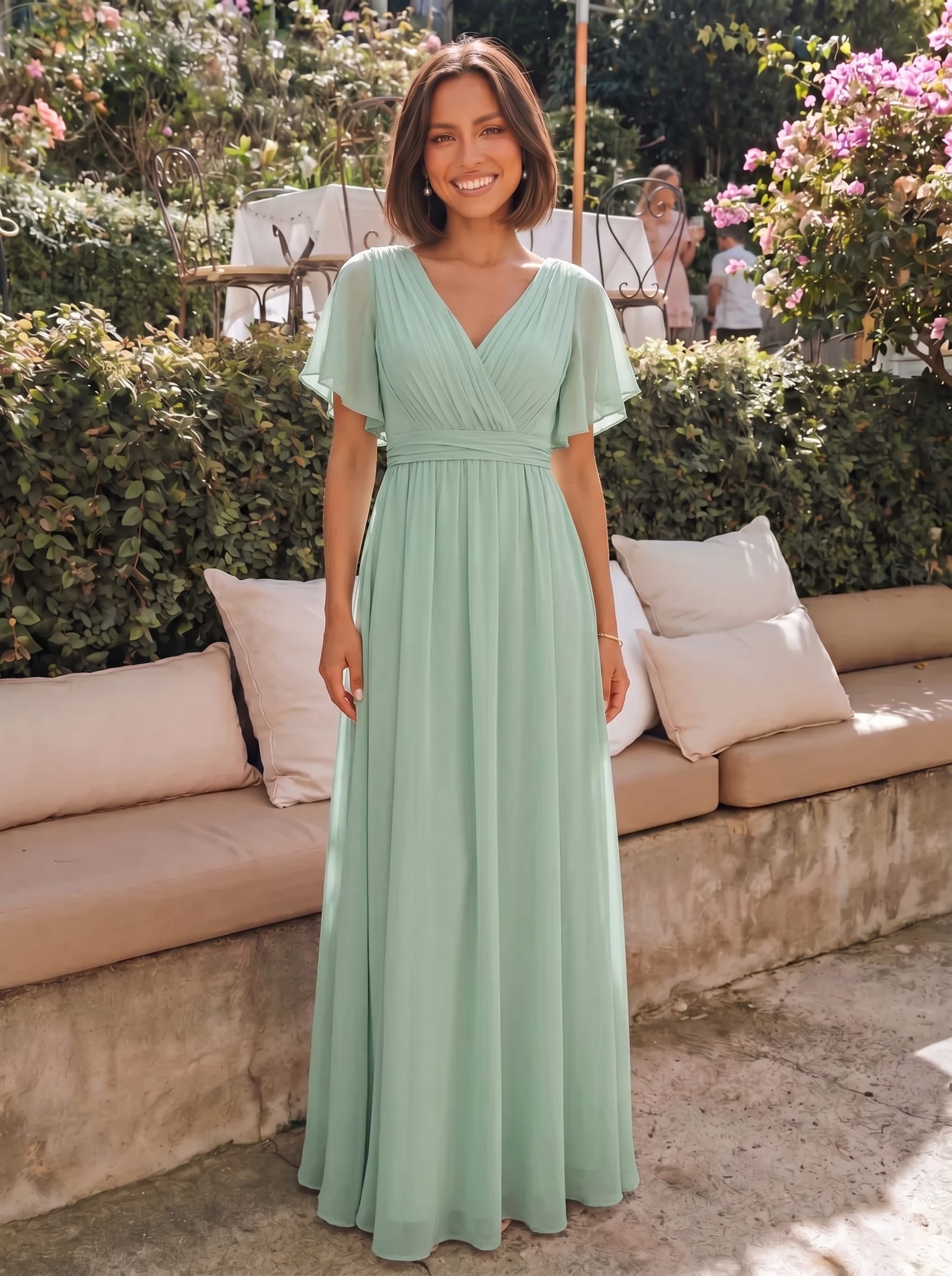 V-Ausschnitt kurze Ärmel Bodenlaenge A-Linie Chiffon Abendkleider #Farbe_Mintgrün