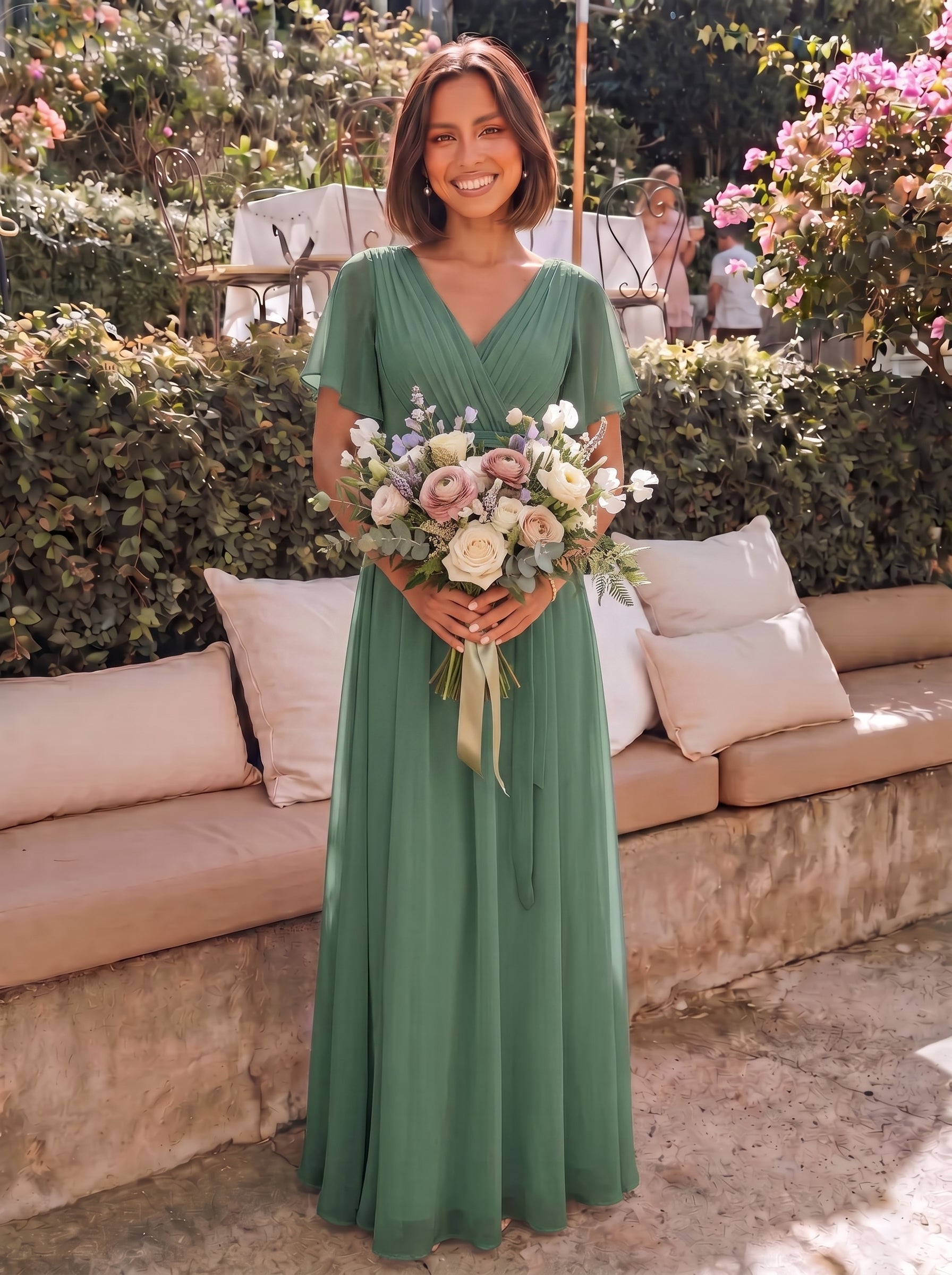 V-Ausschnitt kurze Ärmel Bodenlaenge A-Linie Chiffon Abendkleider #Farbe_Eukalyptus