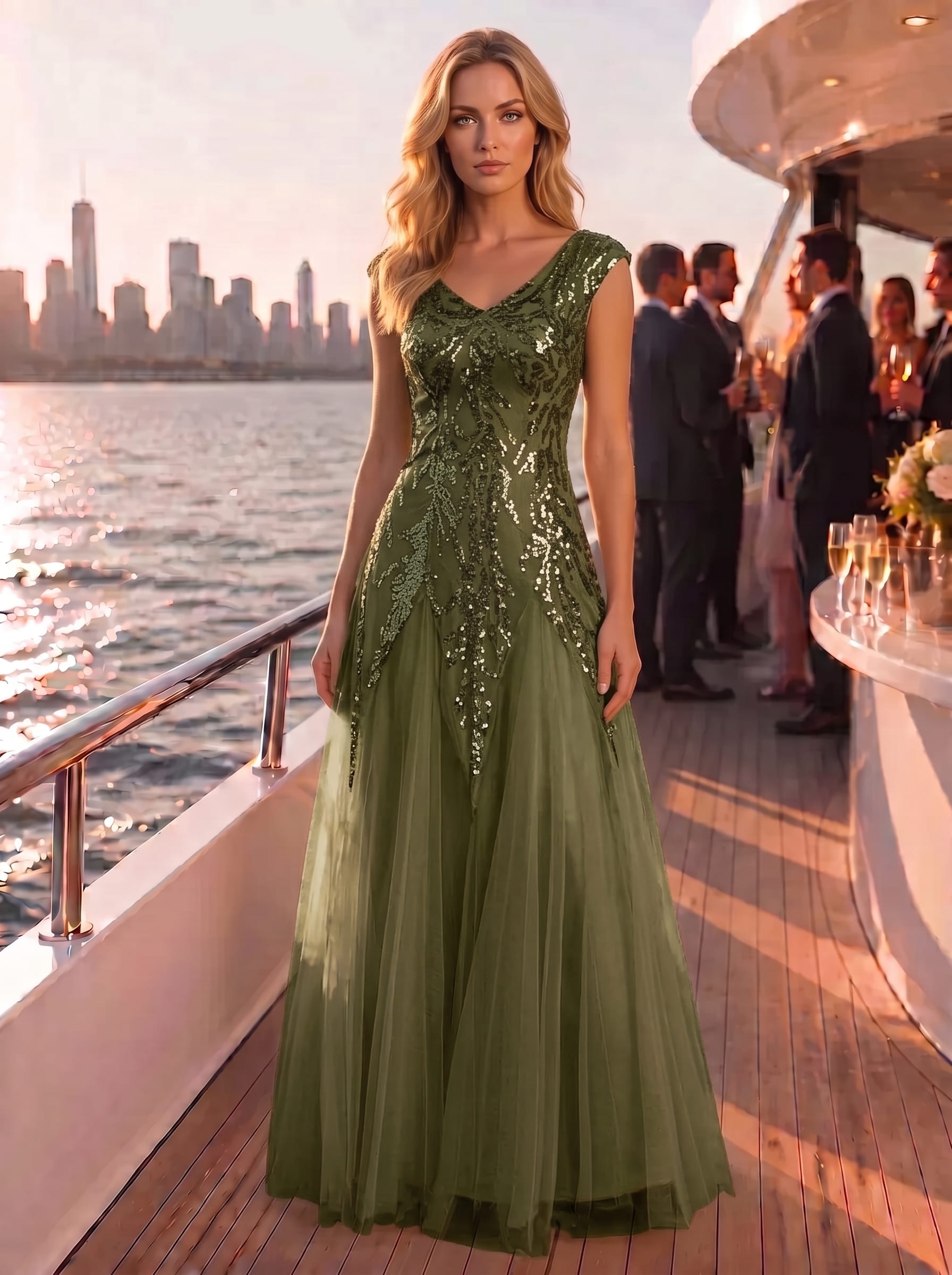 Bodenlanger V-Ausschnitt A-Linie Pailletten Kleid Mit Besticktem Blumenmuster #Farbe_Olivgrün