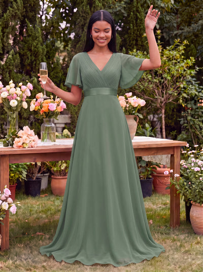 Langes Brautjungfernkleid mit Empire-Taille und kurzen, flatternden Ärmeln #Farbe_Eukalyptus