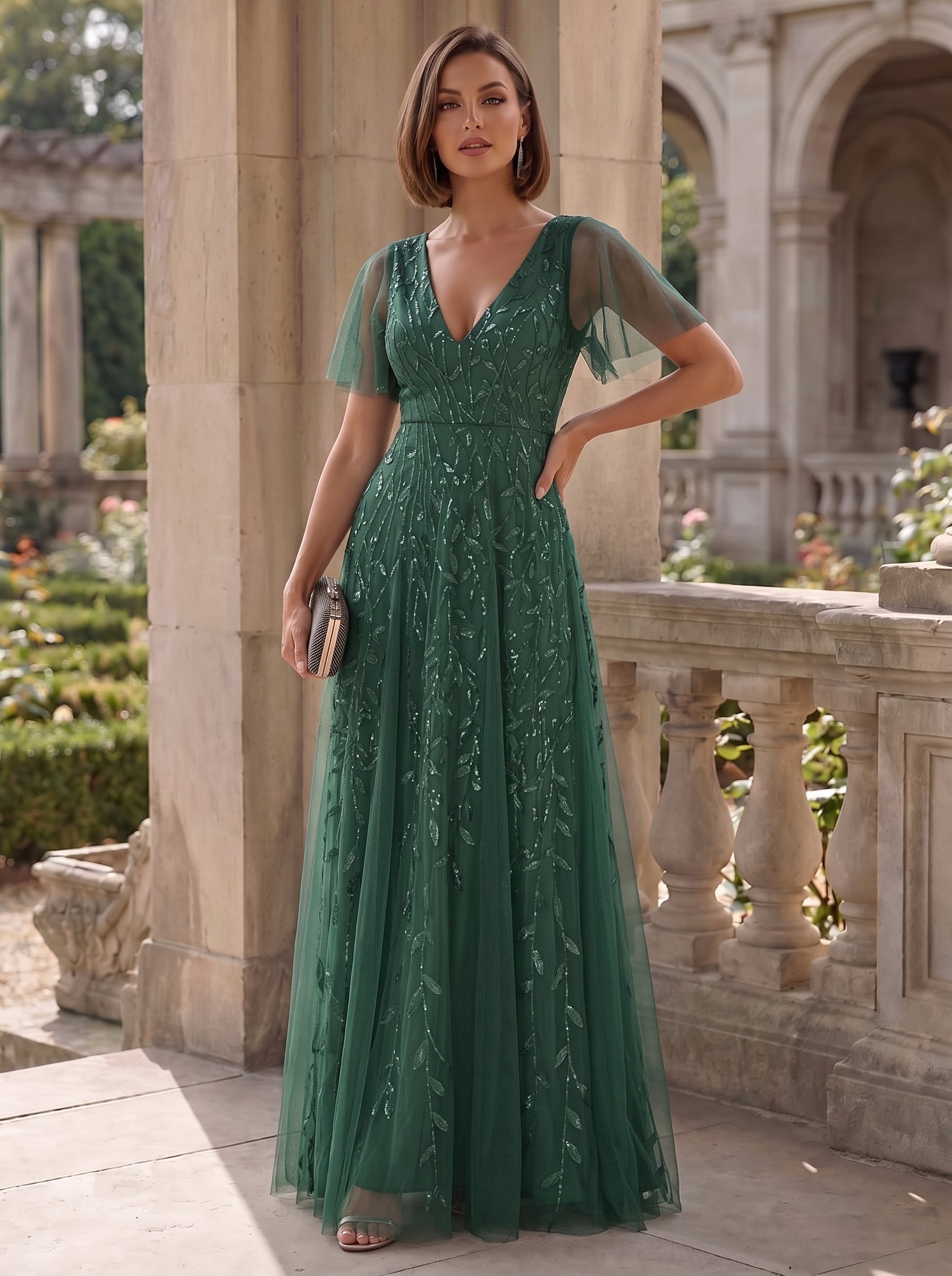 Bodenlanger V-Ausschnitt A-Linie Pailletten Kleid Mit Tiefem V-Ausschnitt Und Funkelnden Details #Farbe_Eukalyptus