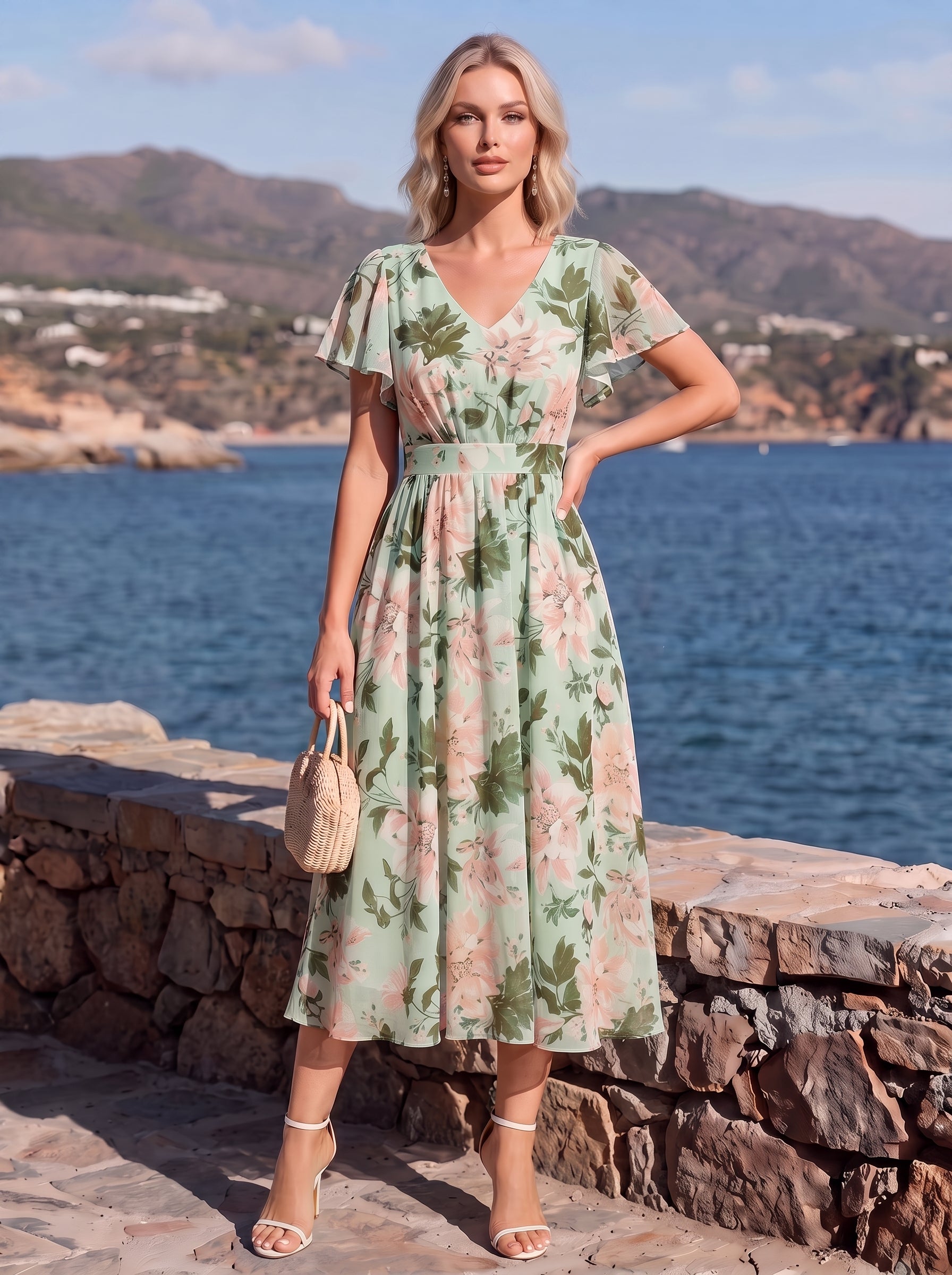 Midi Tee-L?nge Smocked A-Linie Kleid Mit V-Ausschnitt Aus Chiffon Elegant Und Stilvoll Kleid #Farbe_Hellgrün mit Blumenmuster