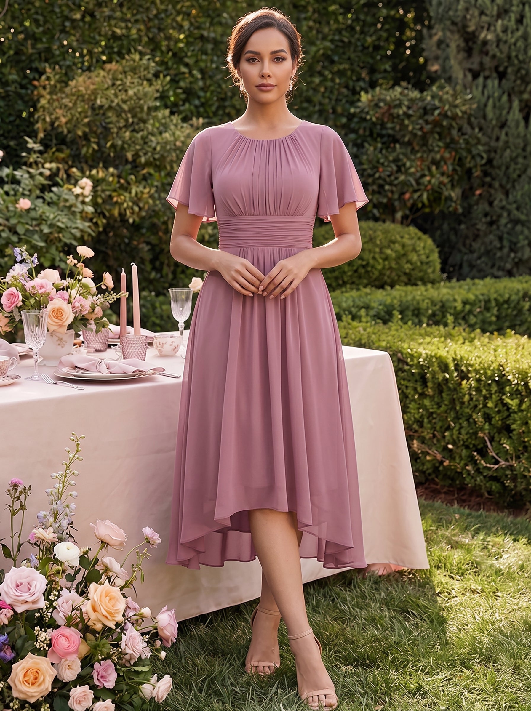 Robe d'invit¨¦ de mariage trap¨¨ze en mousseline fluide ¨¤ encolure ronde et longueur au genou #farbe_Orchideenviolett