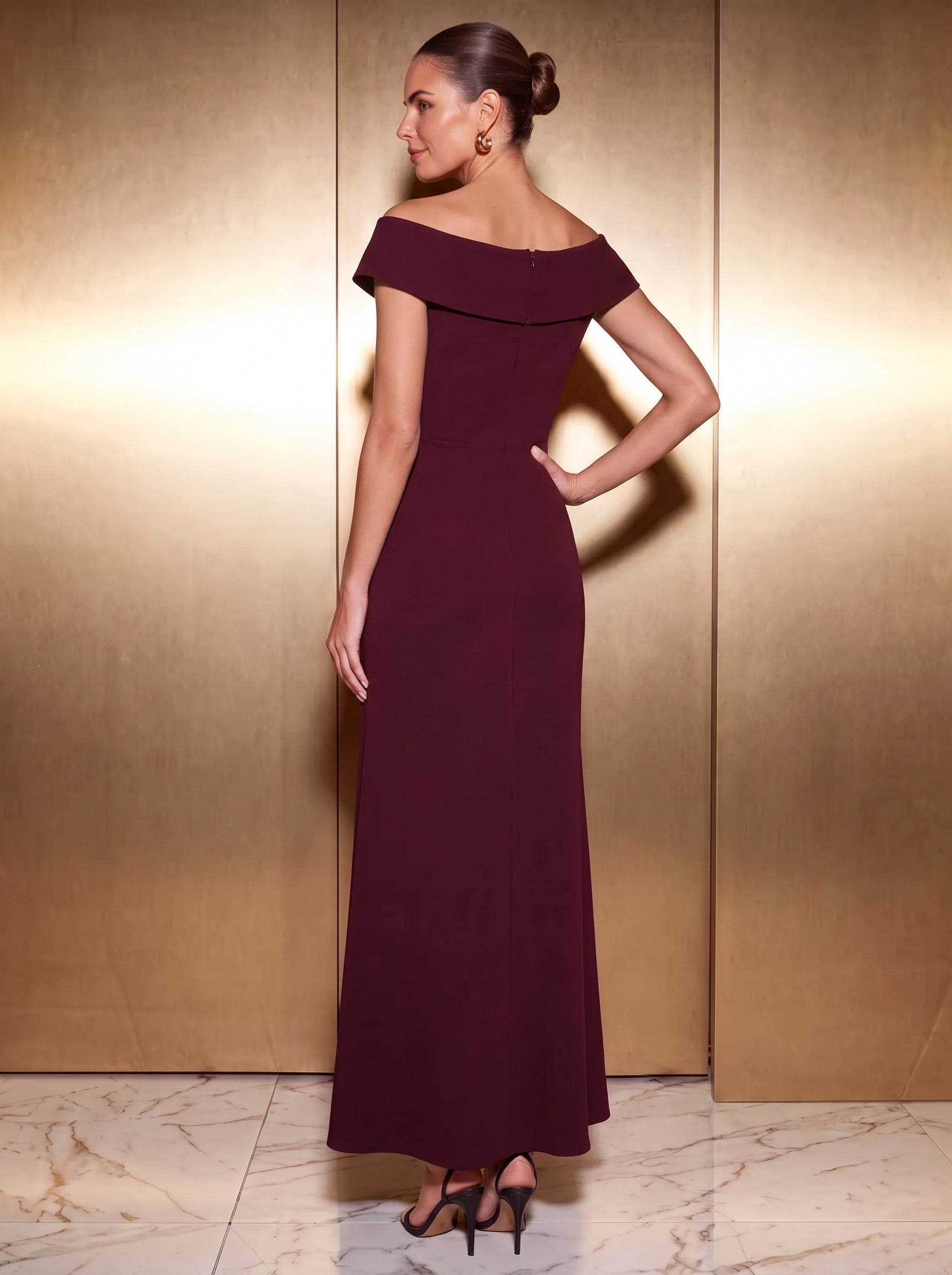 Asymmetrischer Saum V-Ausschnitt Meerjungfrau Kleid Aus Krepp Schlitz Volants #Farbe_Burgunderrot