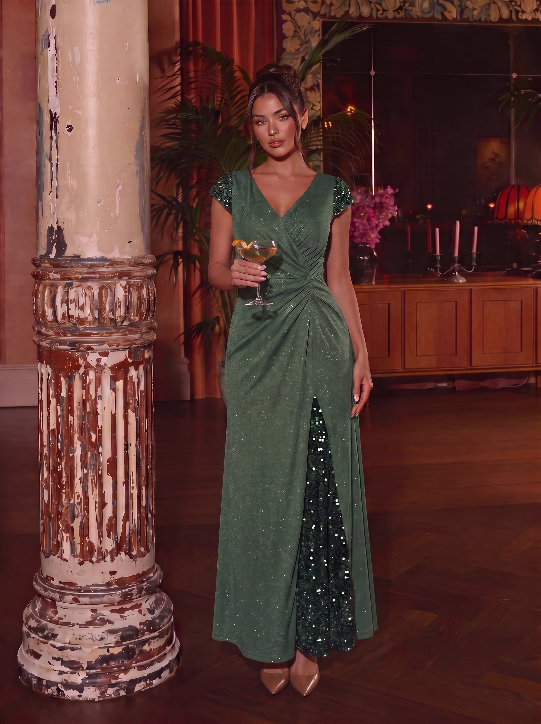 Bodenlanger V-Ausschnitt Bodycon Strickkleid Mit Geknotetem Pailletten Patchwork Glitzer Details Kleid #Farbe_Eukalyptus