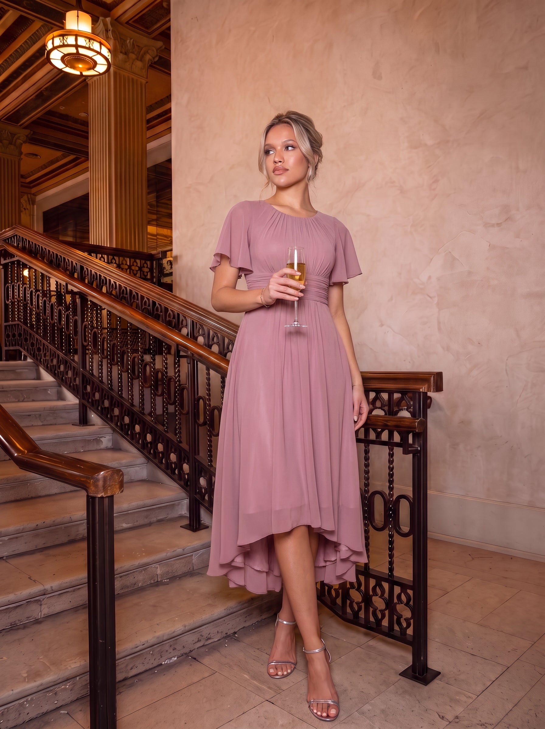 Robe d'invit¨¦ de mariage trap¨¨ze en mousseline fluide ¨¤ encolure ronde et longueur au genou #farbe_Orchideenviolett