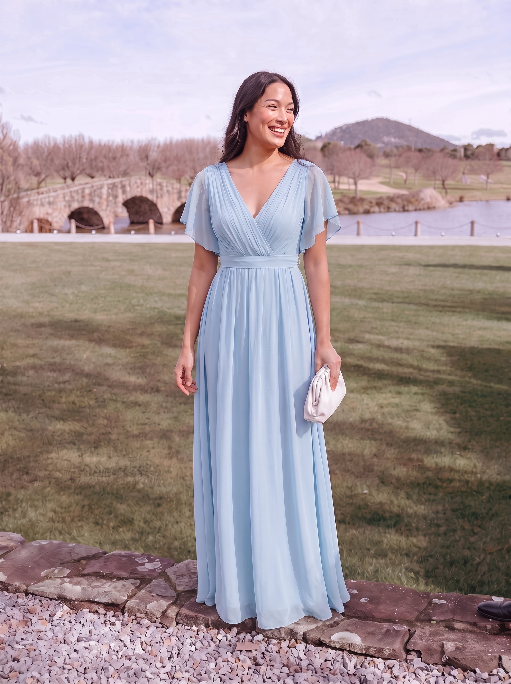 V-Ausschnitt kurze Ärmel Bodenlaenge A-Linie Chiffon Abendkleider #Farbe_Himmelblau