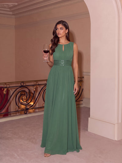 Bodenlanger A-Linien Chiffon Kleid Mit Rundhalsausschnitt Und Bestickten Details #Farbe_Eukalyptus