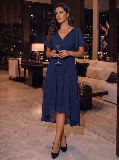 Funkelndes Abendkleid in A-Linie mit Empire-Taille und langen ?rmeln #farbe_Marineblau