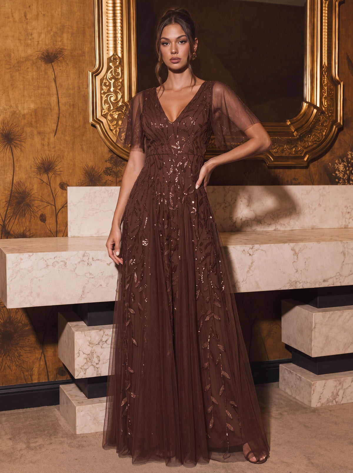 Bodenlanger V-Ausschnitt A-Linie Pailletten Kleid Mit Tiefem V-Ausschnitt Und Funkelnden Details #Farbe_Braun