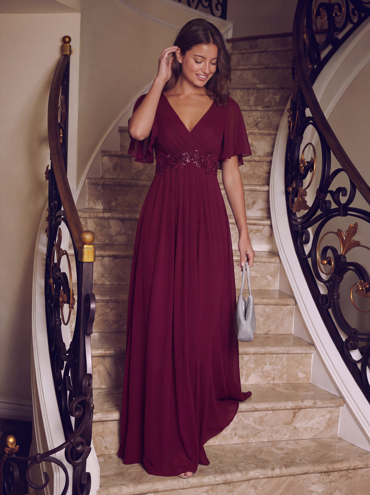 Funkelndes Abendkleid in A-Linie mit Empire-Taille und langen ?rmeln #farbe_Burgunderrot