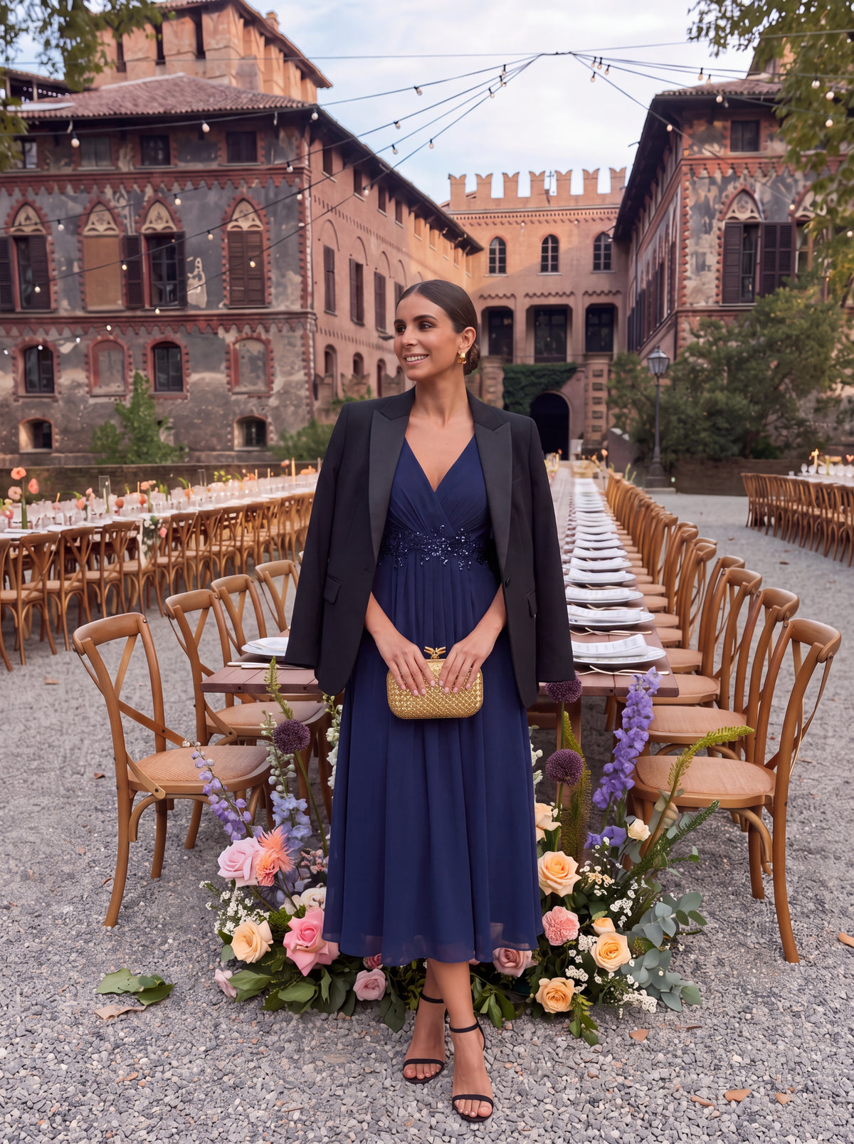 Midi Länge V-Ausschnitt A-Linie Chiffon Kleid Mit Applikationen Und Raffung Details Kleid #Farbe_Marineblau