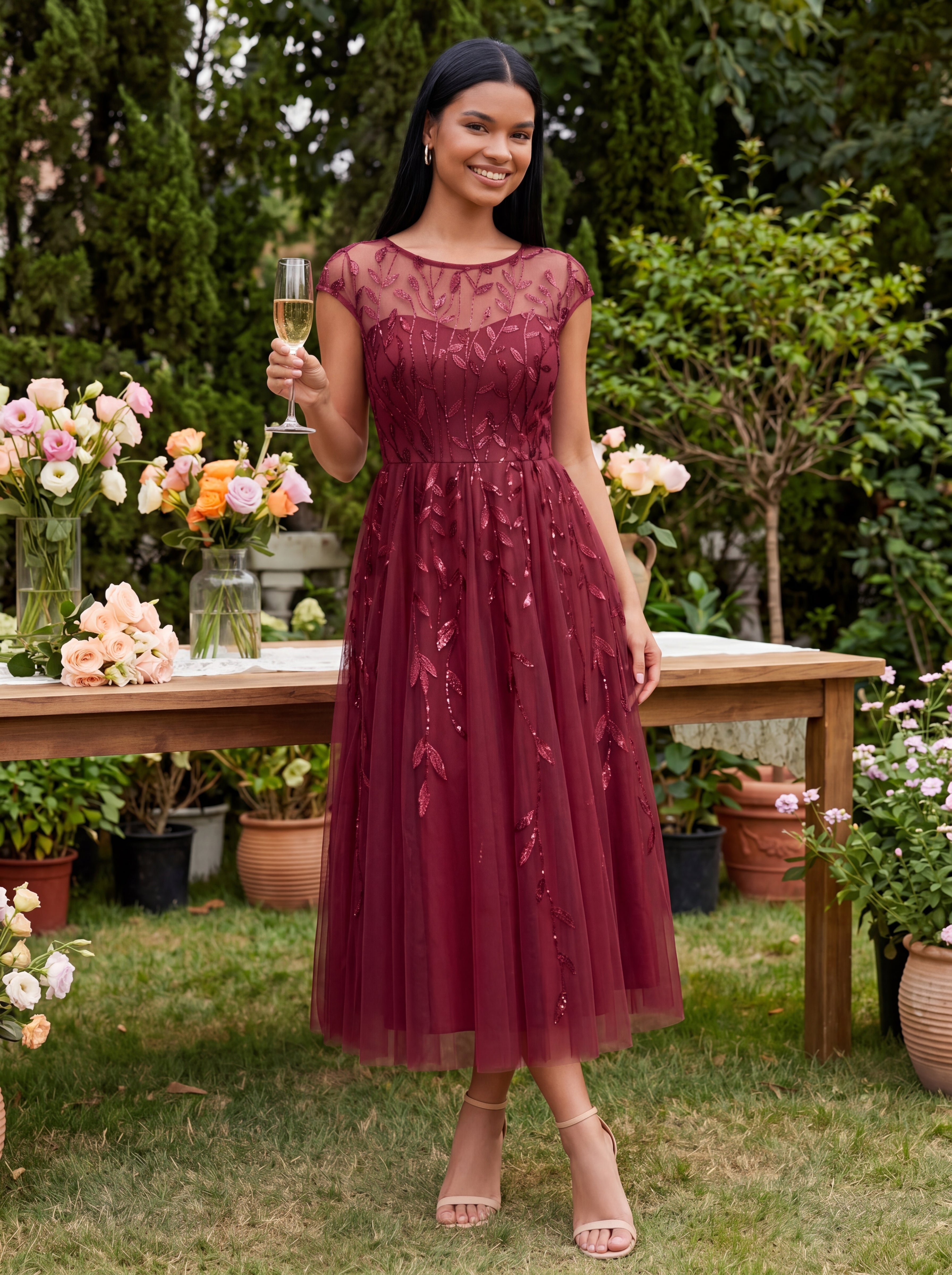 Tea L?nge A Linie Kleid Mit Rundhalsausschnitt Transparente Gestaltung Und Pailletten Kleid #Farbe_Burgunderrot