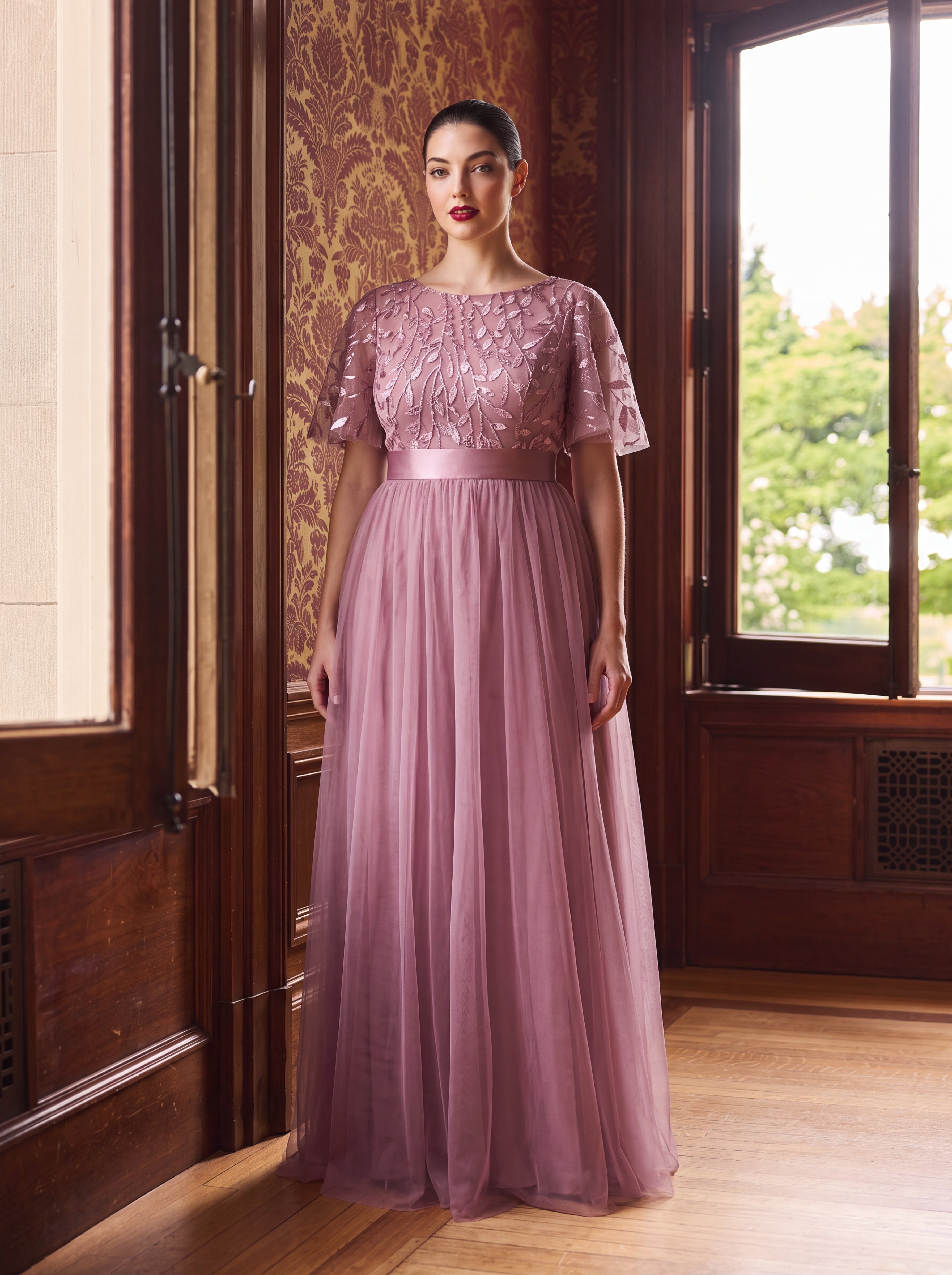Damen A-Line Kurzarm Stickerei Bodenlanges Abendkleid #Farbe_Orchideenviolett