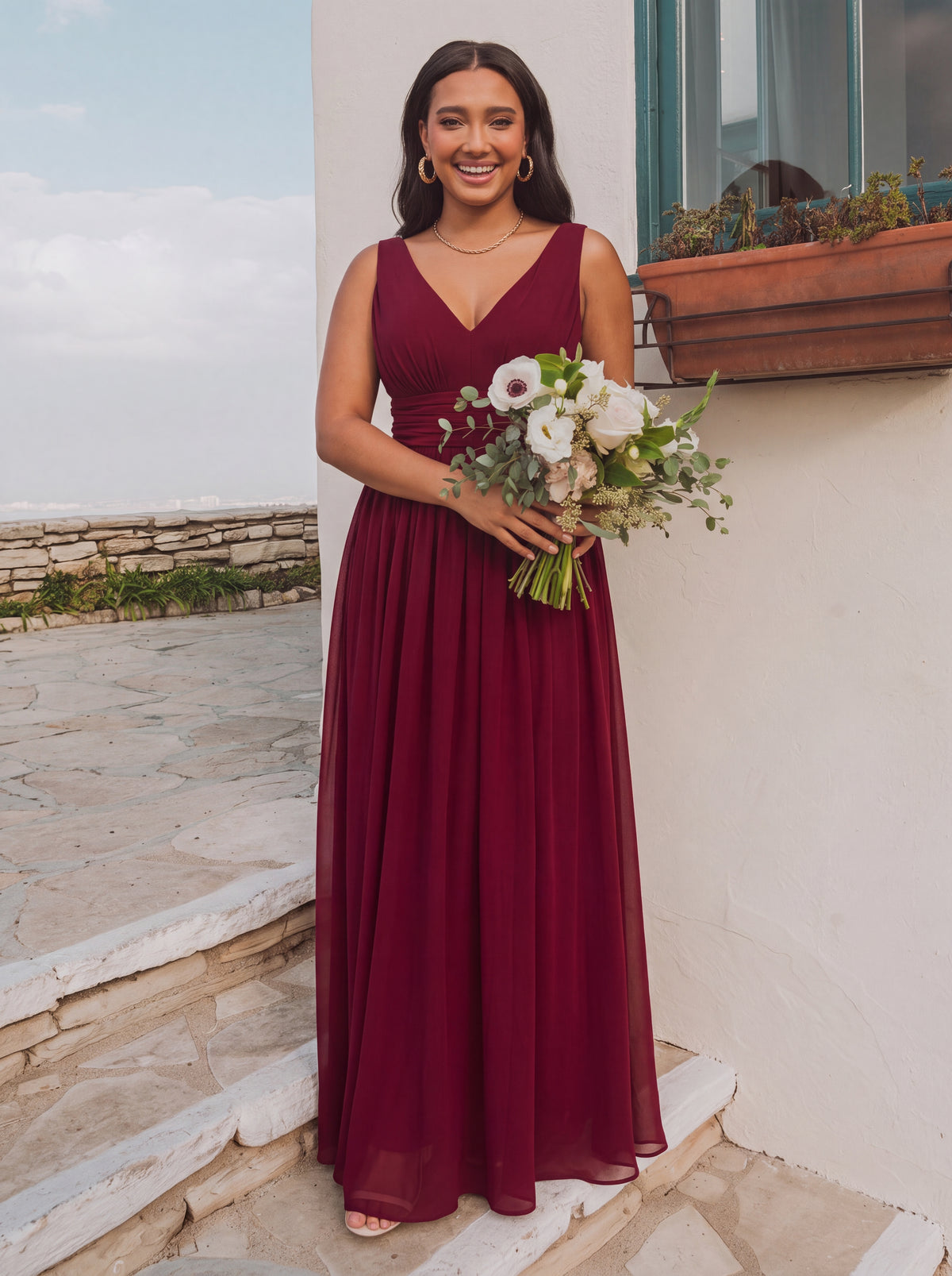 Bodenlanger A-Linien Chiffon Kleid Mit Tiefem V-Ausschnitt Eleganz Kleid #Farbe_Burgunderrot