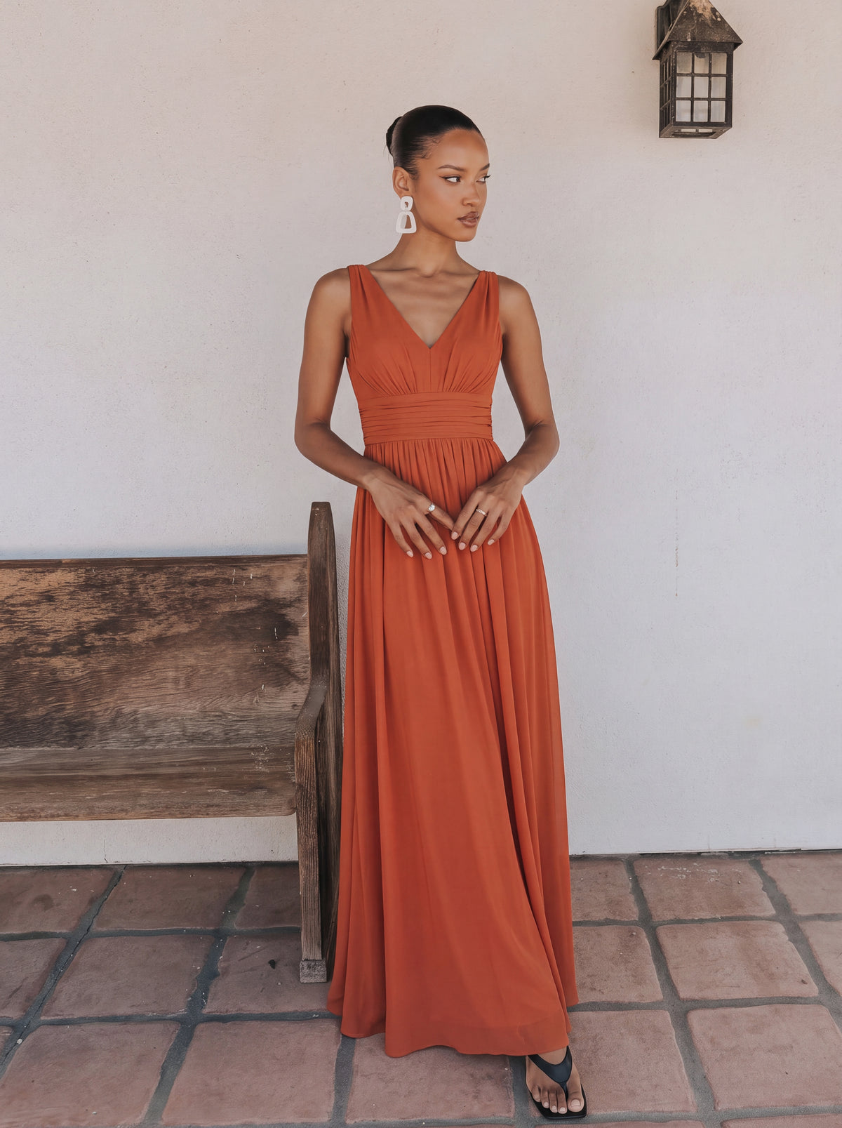Bodenlanger A-Linien Chiffon Kleid Mit Tiefem V-Ausschnitt Eleganz Kleid #Farbe_Gebranntes Orange