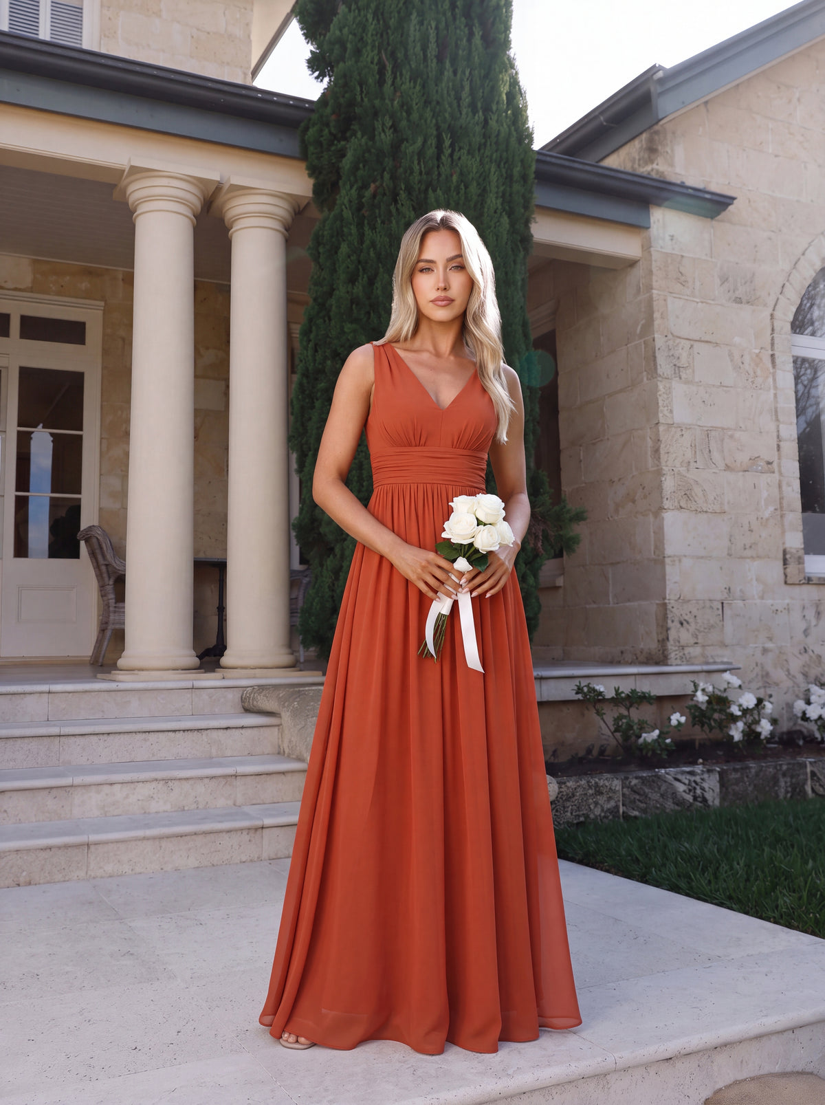 Bodenlanger A-Linien Chiffon Kleid Mit Tiefem V-Ausschnitt Eleganz Kleid #Farbe_Gebranntes Orange