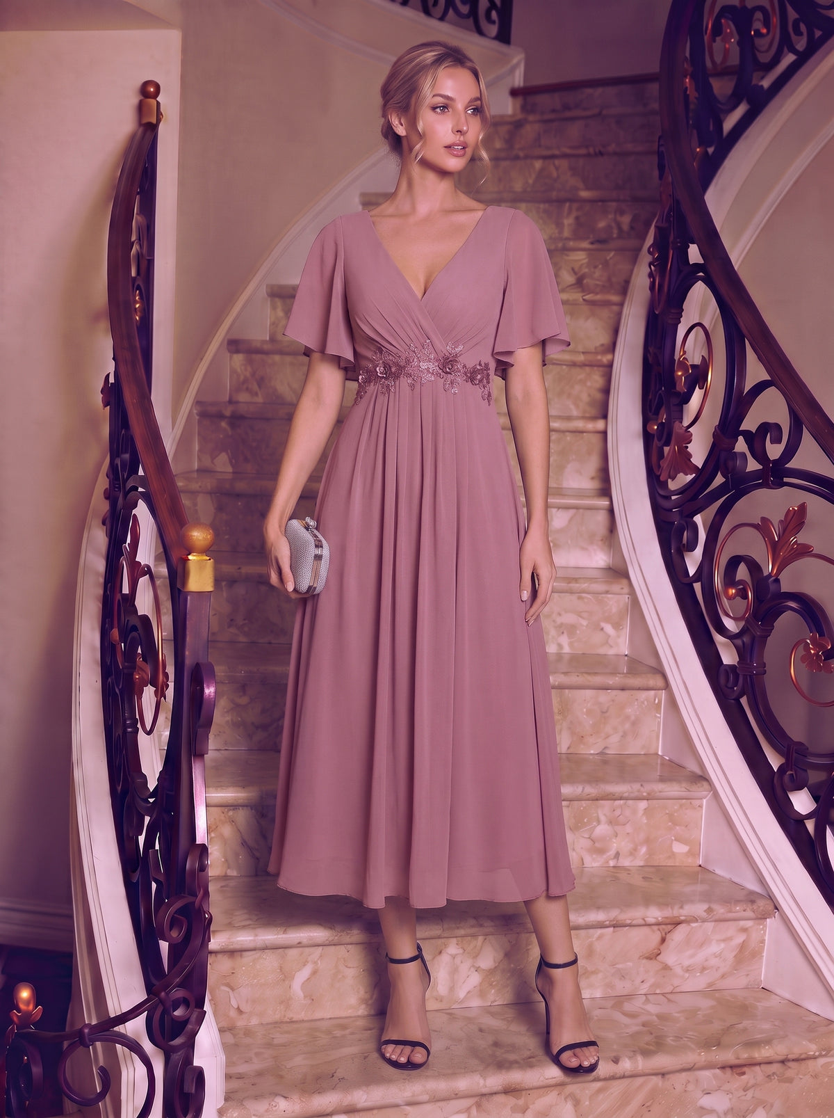 Midi Länge V-Ausschnitt A-Linie Chiffon Kleid Mit Applikationen Und Raffung Details Kleid #Farbe_Orchideenviolett