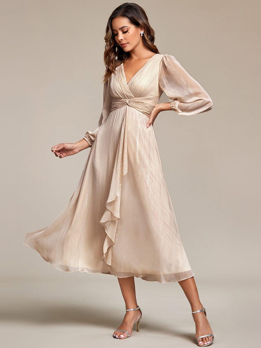 Robe d'invit¨¦ de mariage trap¨¨ze en mousseline fluide ¨¤ encolure ronde et longueur au genou #farbe_Champagner
