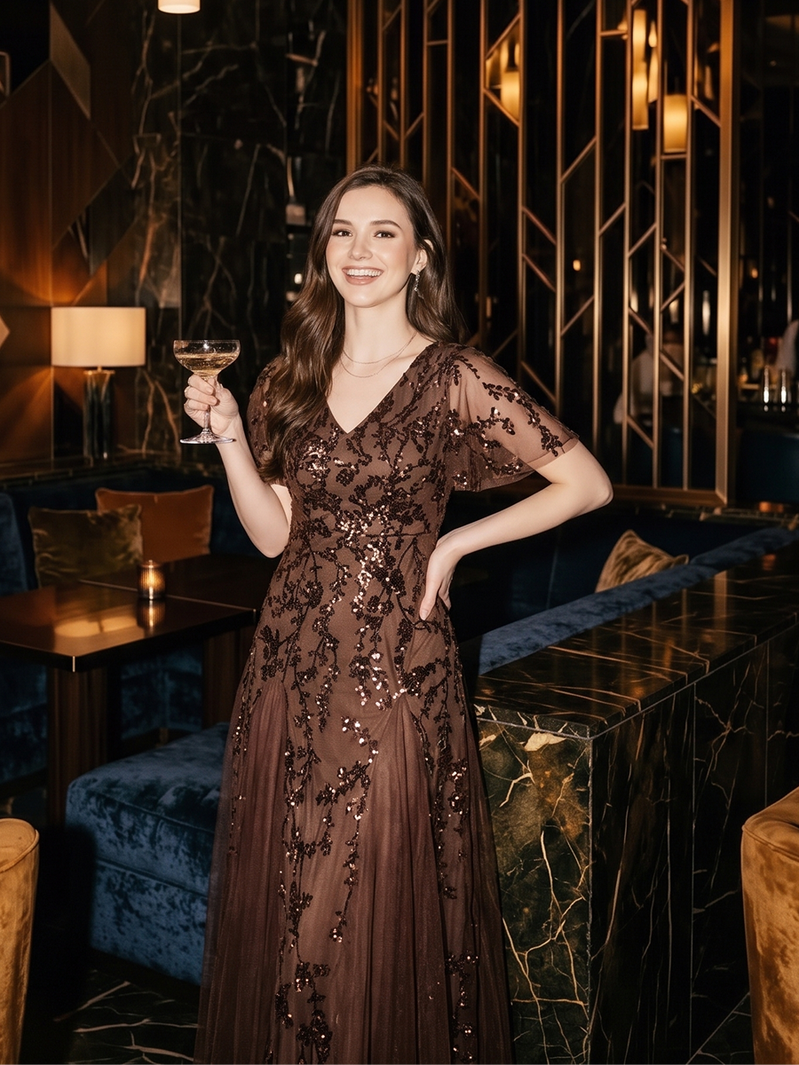 Maxi V-Ausschnitt A-Linie Kleid Aus Pailletten Mit Rüschendetails Aus Tüll #Farbe_Schokoladenbraun