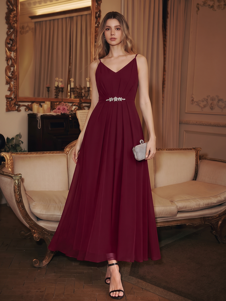 Chiffon Knöchellanges V-Ausschnitt Ärmelloses Hochzeitsgastkleid #Farbe_Burgunderrot