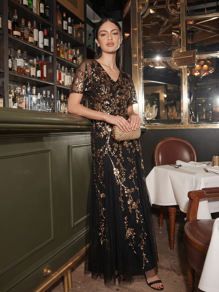 Maxi V-Ausschnitt A-Linie Kleid Aus Pailletten Mit Rüschendetails Aus Tüll #Farbe_Schwarz & Gold