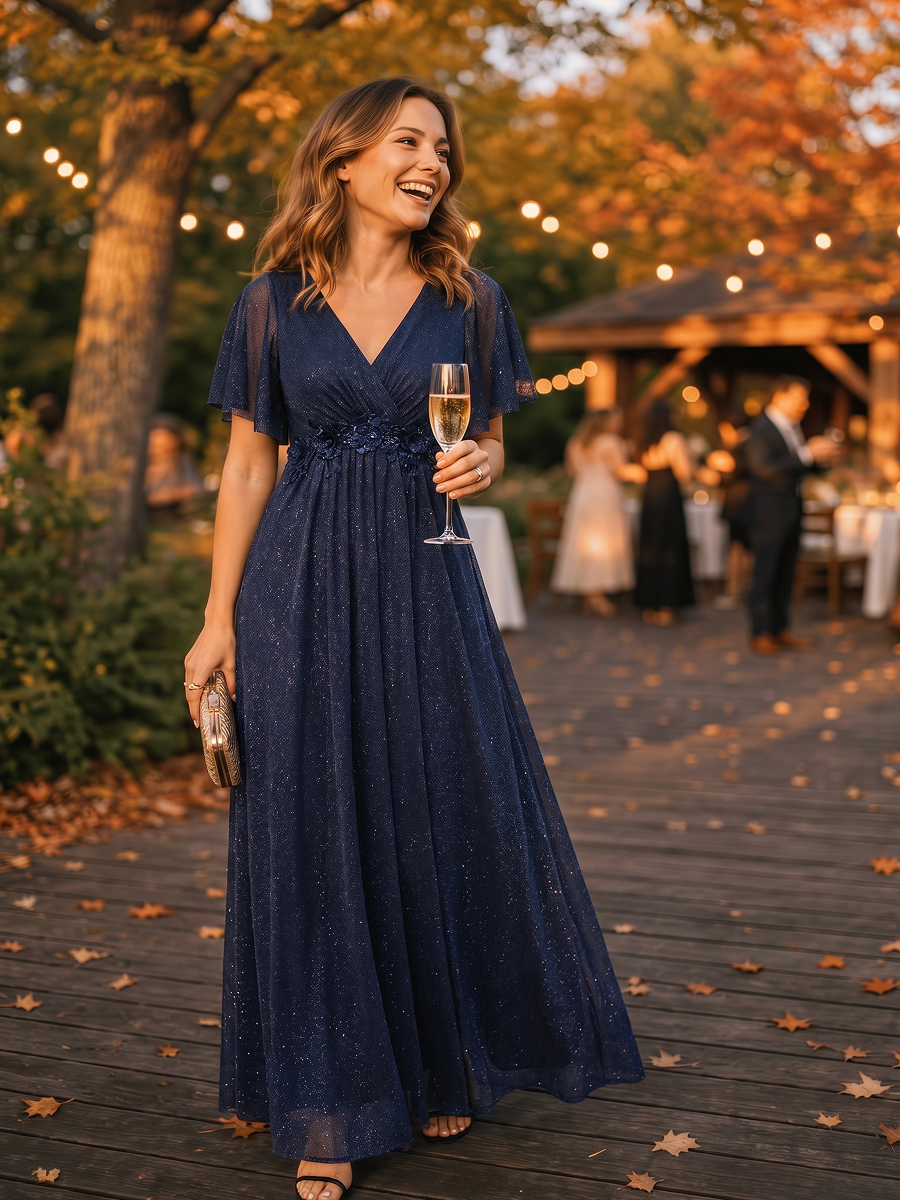 Maxikleid Mit V-Ausschnitt Falten Design Aus Lurex Netzstoff Fließender Rock Elegantes Abendkleid #Farbe_Marineblau