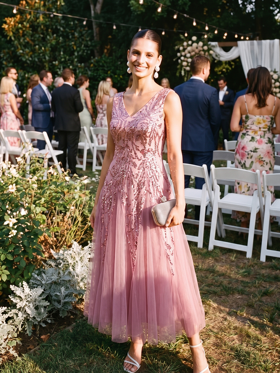 Paillettenkleid mit V-Ausschnitt und A-Linie für Hochzeitsgäste hochzeitsgastkleid #Farbe_Orchideenviolett
