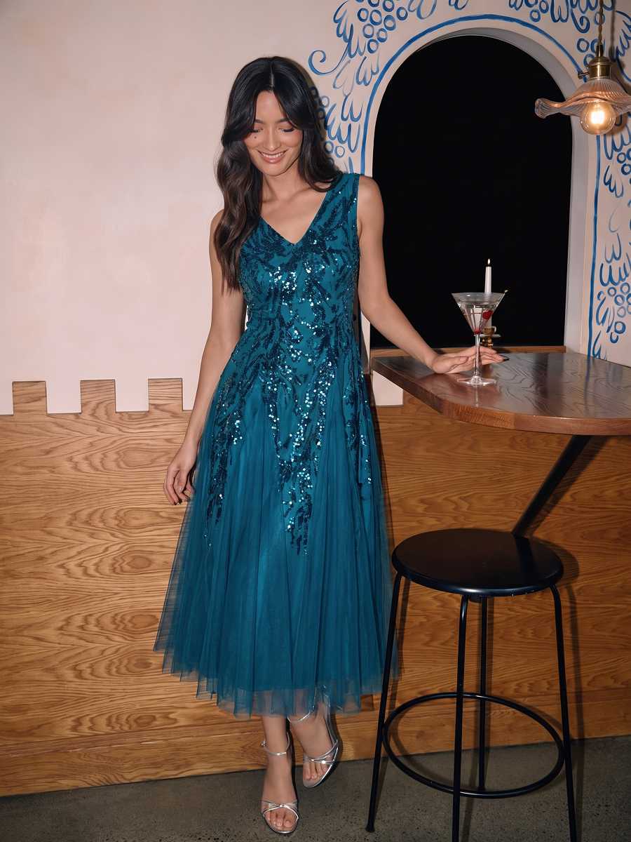 Paillettenkleid mit V-Ausschnitt und A-Linie für Hochzeitsgäste hochzeitsgastkleid #Farbe_Petrol