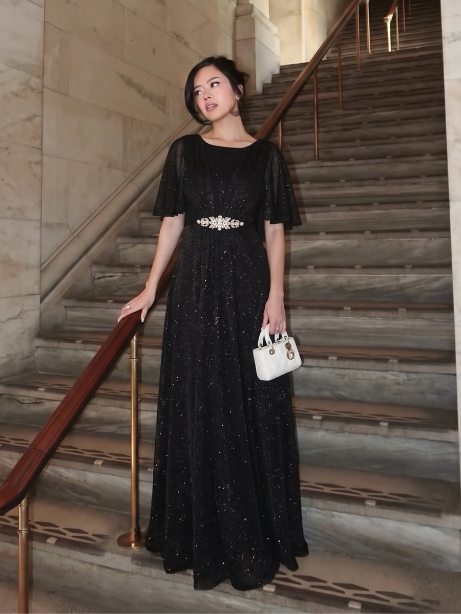 Bodenlang mit A-Linie, Cape-Ärmel, und brautmutterkleid #Farbe_Schwarz