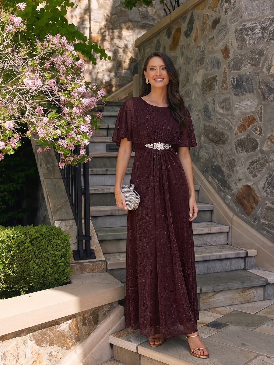 Bodenlang mit A-Linie, Cape-Ärmel, und brautmutterkleid #Farbe_Mahagonibraun