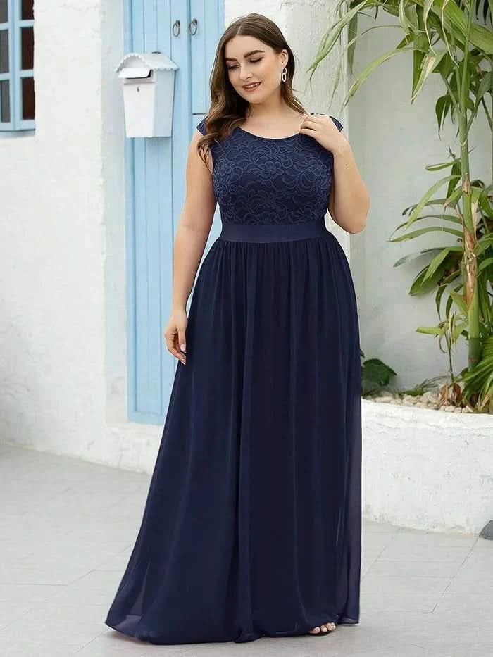 Größe Nach Maß Klassische A-Linie Chiffon Spitze Rundhals Brautjungfernkleider #farbe_Navy Blau
